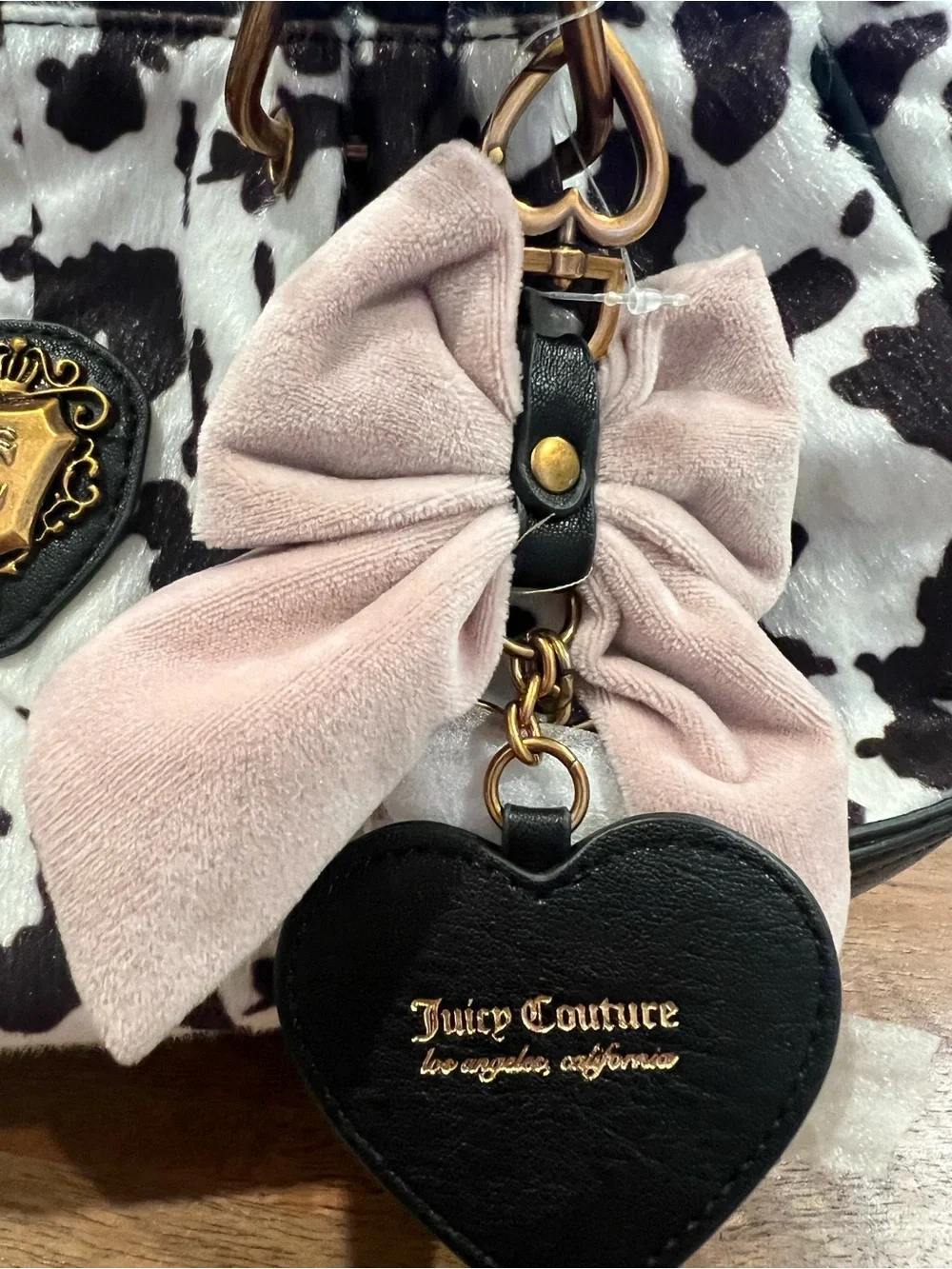 Juicy Couture Black & White Cow Print Shoulder Bag with Pink Bow Charm